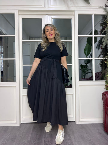 A02385 crepon shirred dress with tie-waist skirts