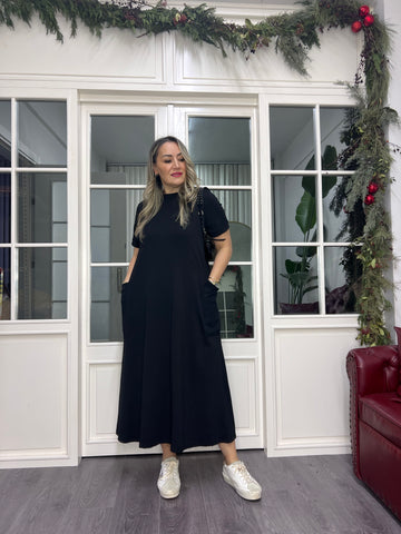 A02371 likralı cepli midi boy elbise