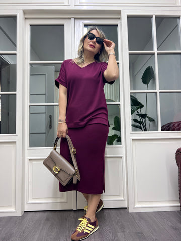 A01814 burgundy modal fabric skirt and blouse set