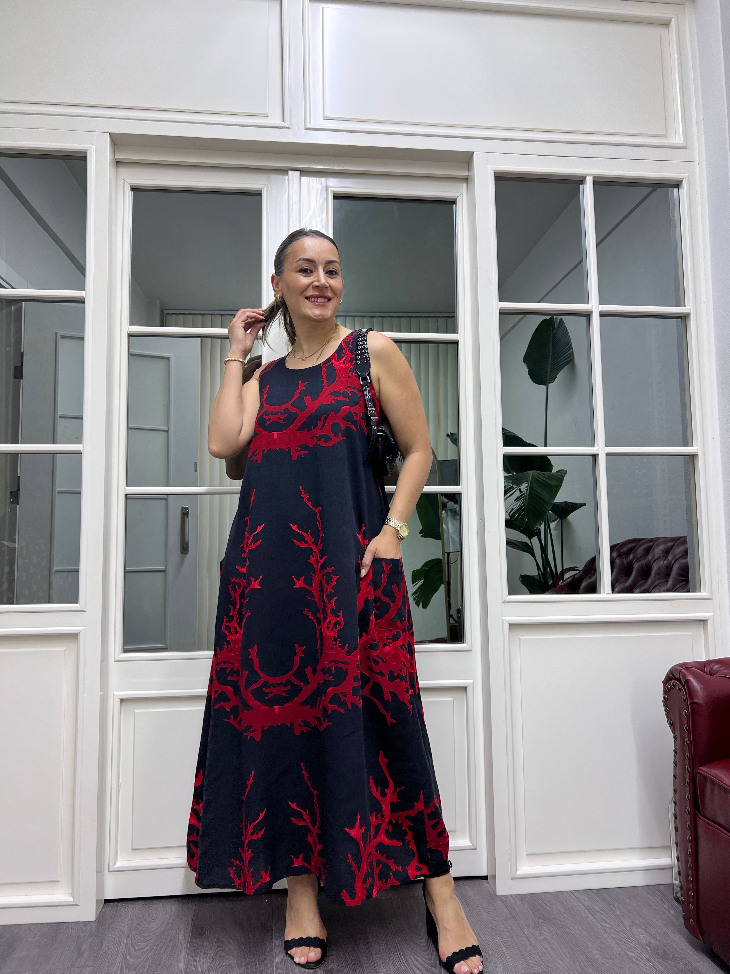 A01854 sıfır kol cepli maxi kırmızı mercan desen elbise