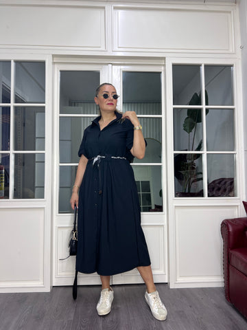 A02583 siyah yakalı balon kol düğmeli elbise