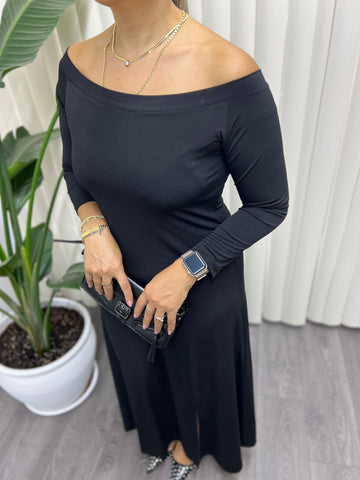 A01476 Madonna yaka yırtmaçlı likra maxi elbise