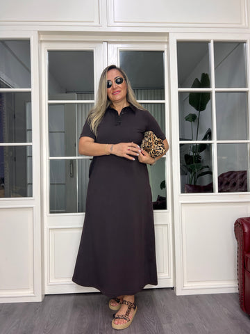 A02639 kahve likralı yakalı düz kesim elbise