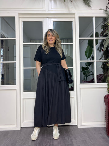 A02385 crepon shirred dress with tie-waist skirts