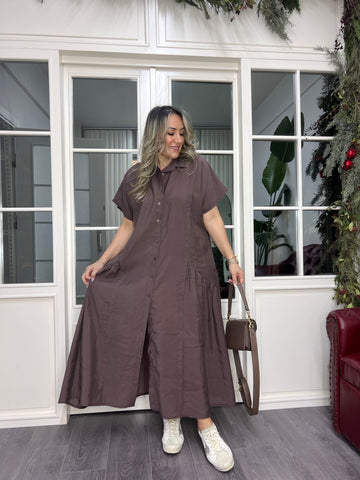 A02351 kahve tensel kumaş düğmeli bol elbise