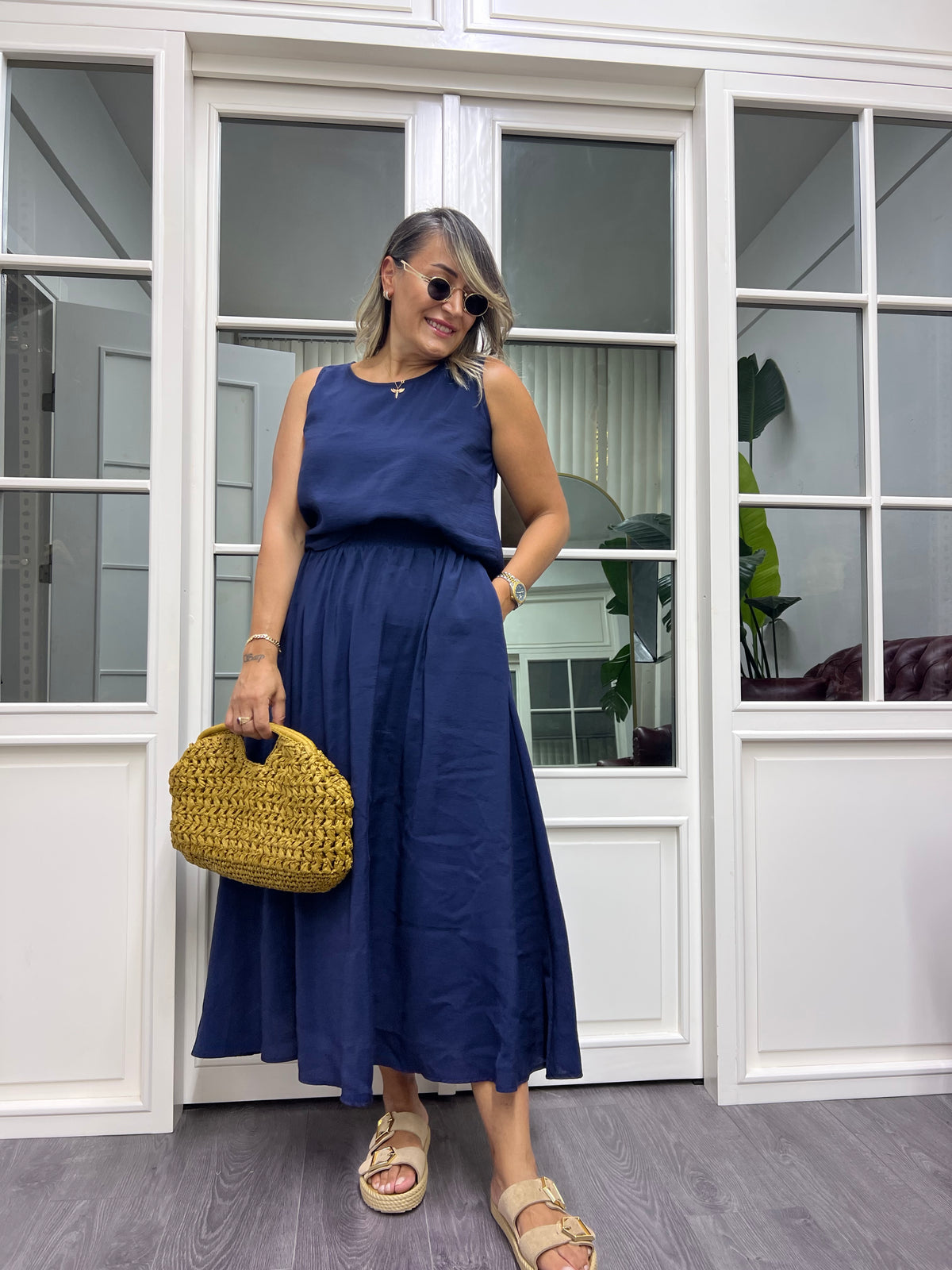 A02017 lacivert tensel kumaş etek takım