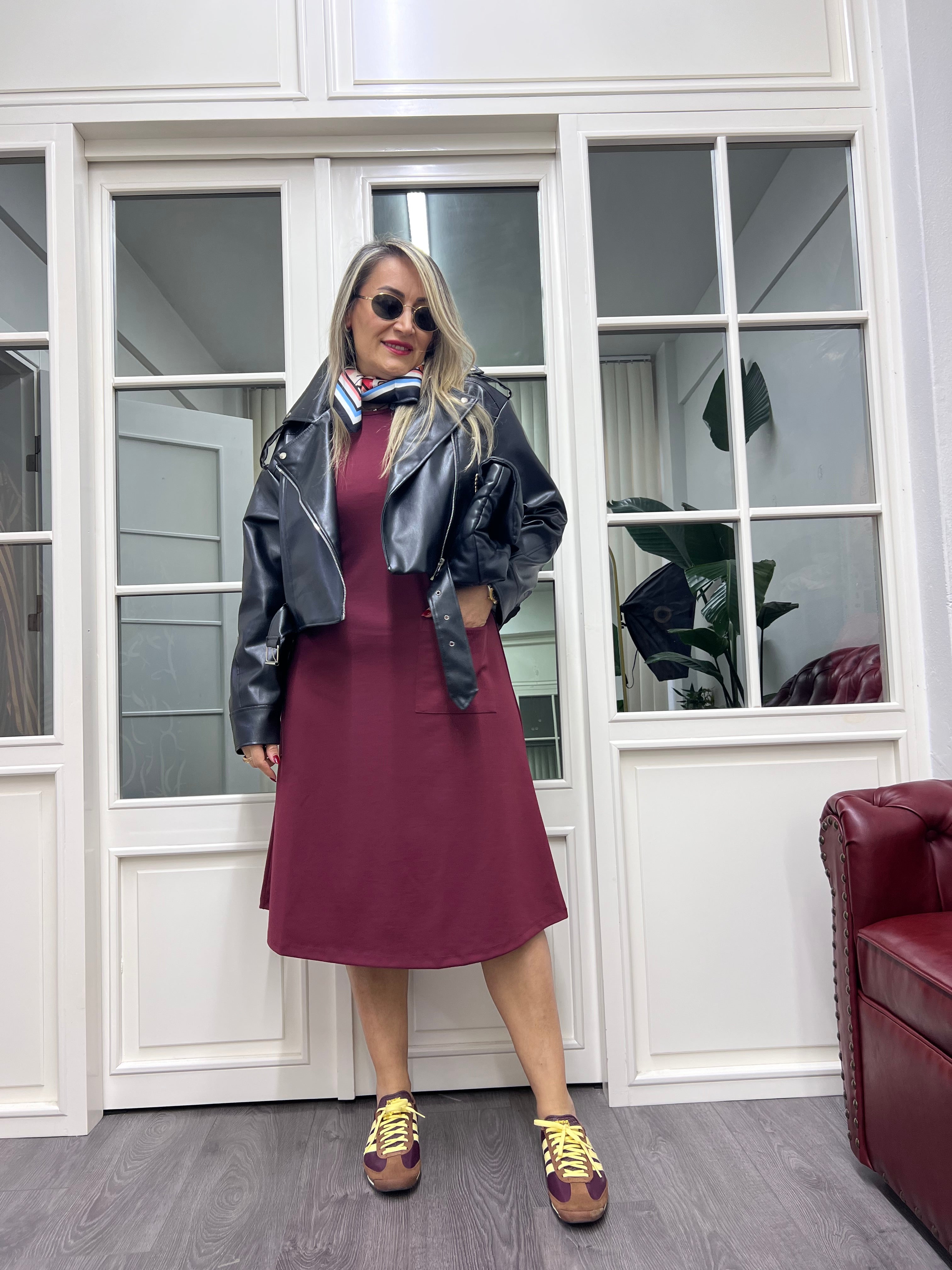 A01780 bordo ön cep model çelik örme likra elbise