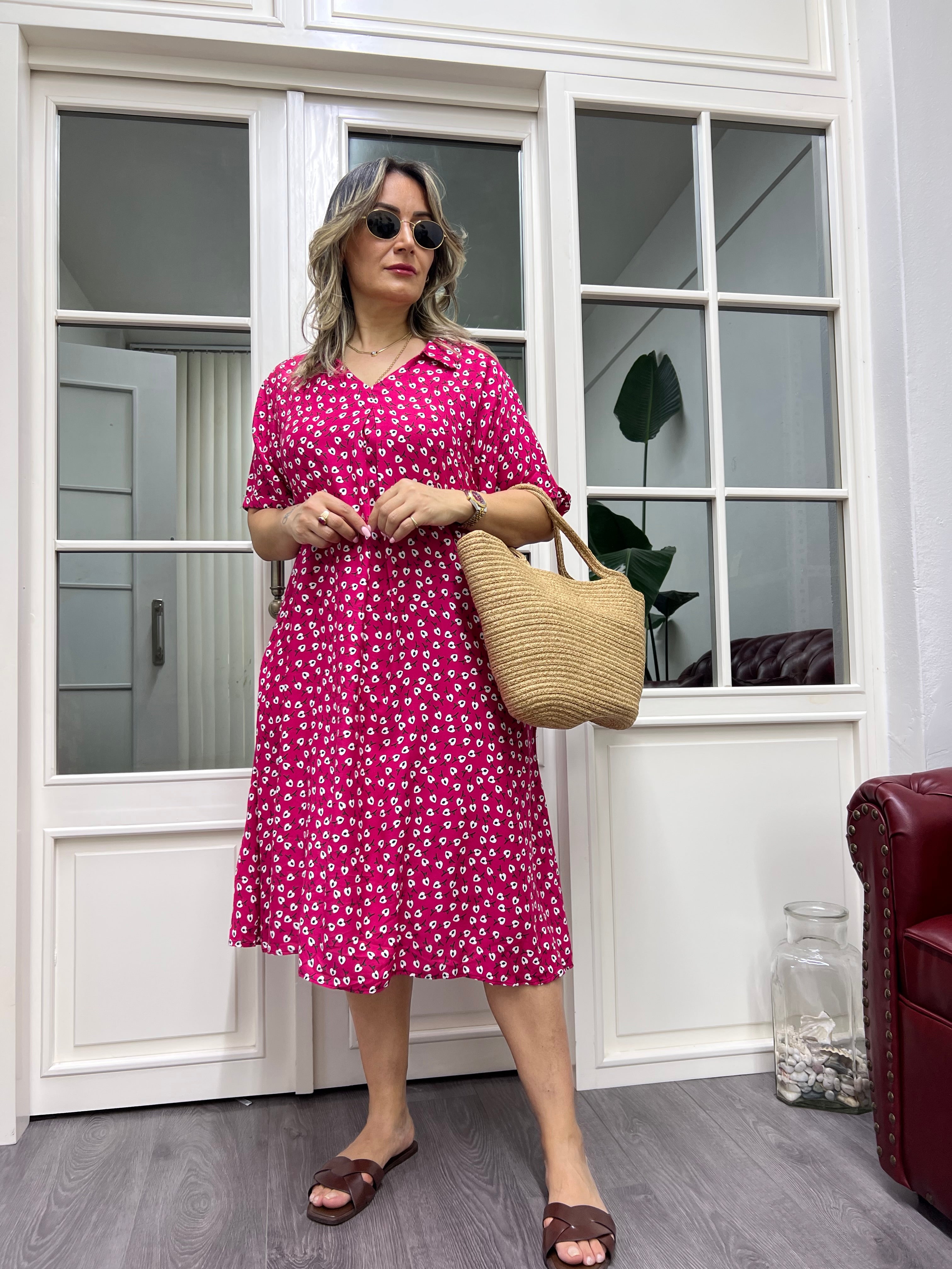 A01912 pembe çiçekli desenli viskon elbise