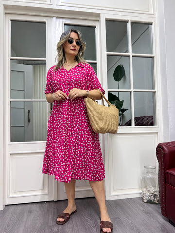 A01912 pembe çiçekli desenli viskon elbise