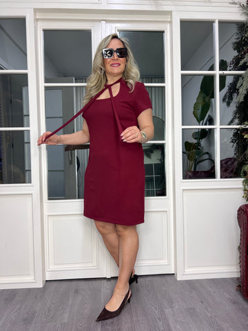 A02470 burgundy tie-neck stretchy short dress