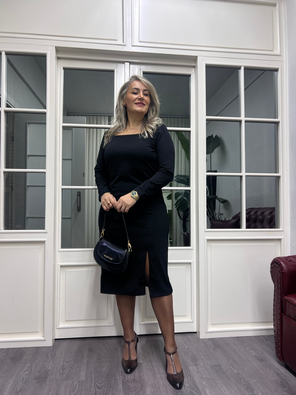 A02166 kare yaka likralı yırtmaçlı elbise