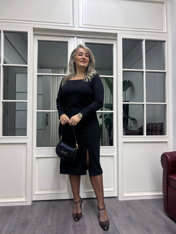 A02166 kare yaka likralı yırtmaçlı elbise