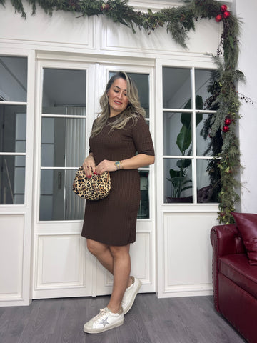 A02322 kahve örgü desen triko elbise