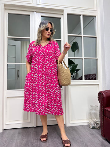 A01912 pembe çiçekli desenli viskon elbise
