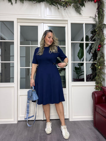 A02342 lacivert yanları takılı likralı elbise