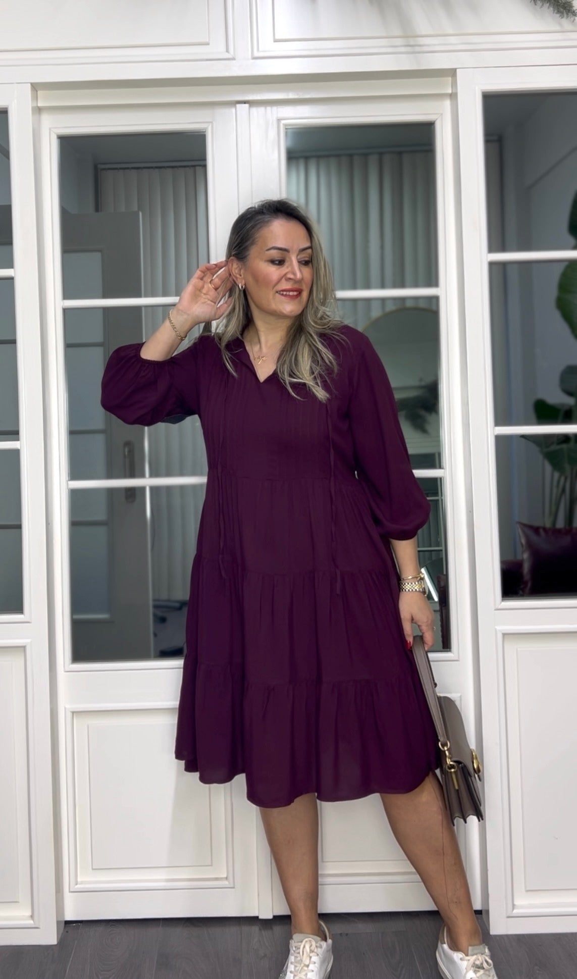 A02317 bordo ipli owersize viskon elbise