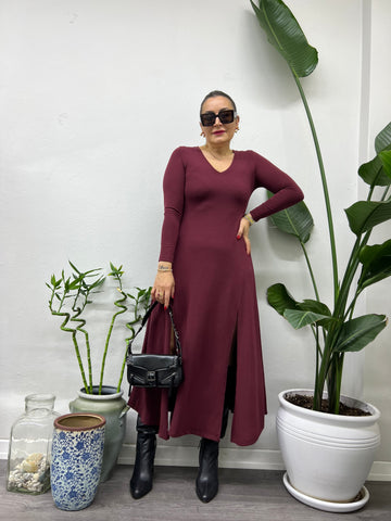 A01704 v yaka yanları yırtmaçlı bordo likra elbise