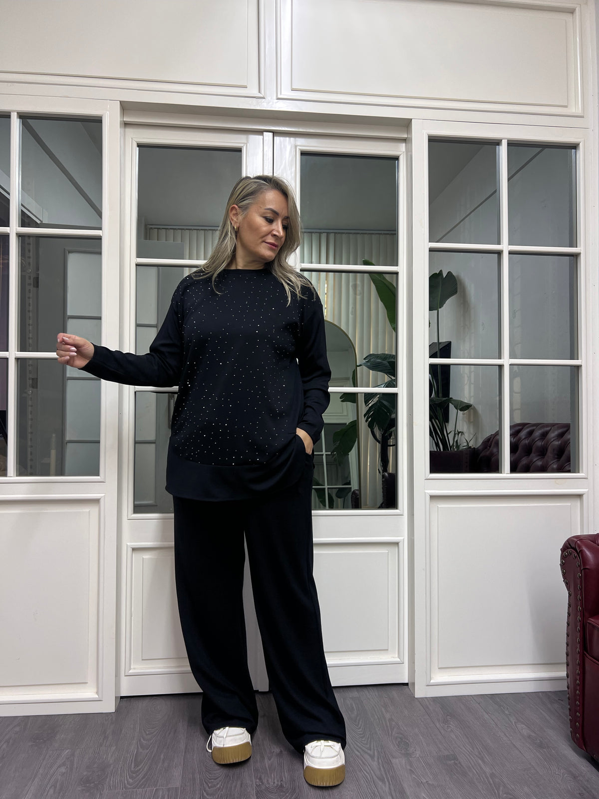 A02180 taşlı likralı modal kumaş sweat