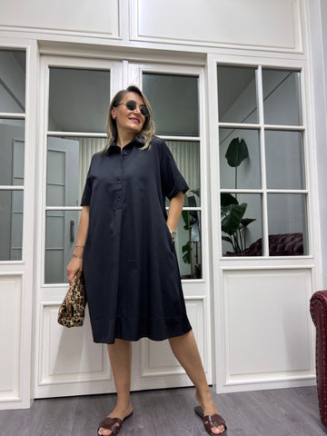 A01960 poplin yakalı bol elbise