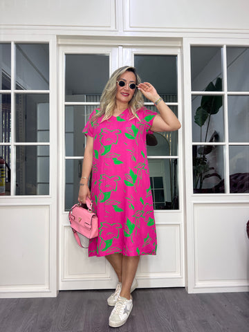 A02569 pembe viskon desenli elbise