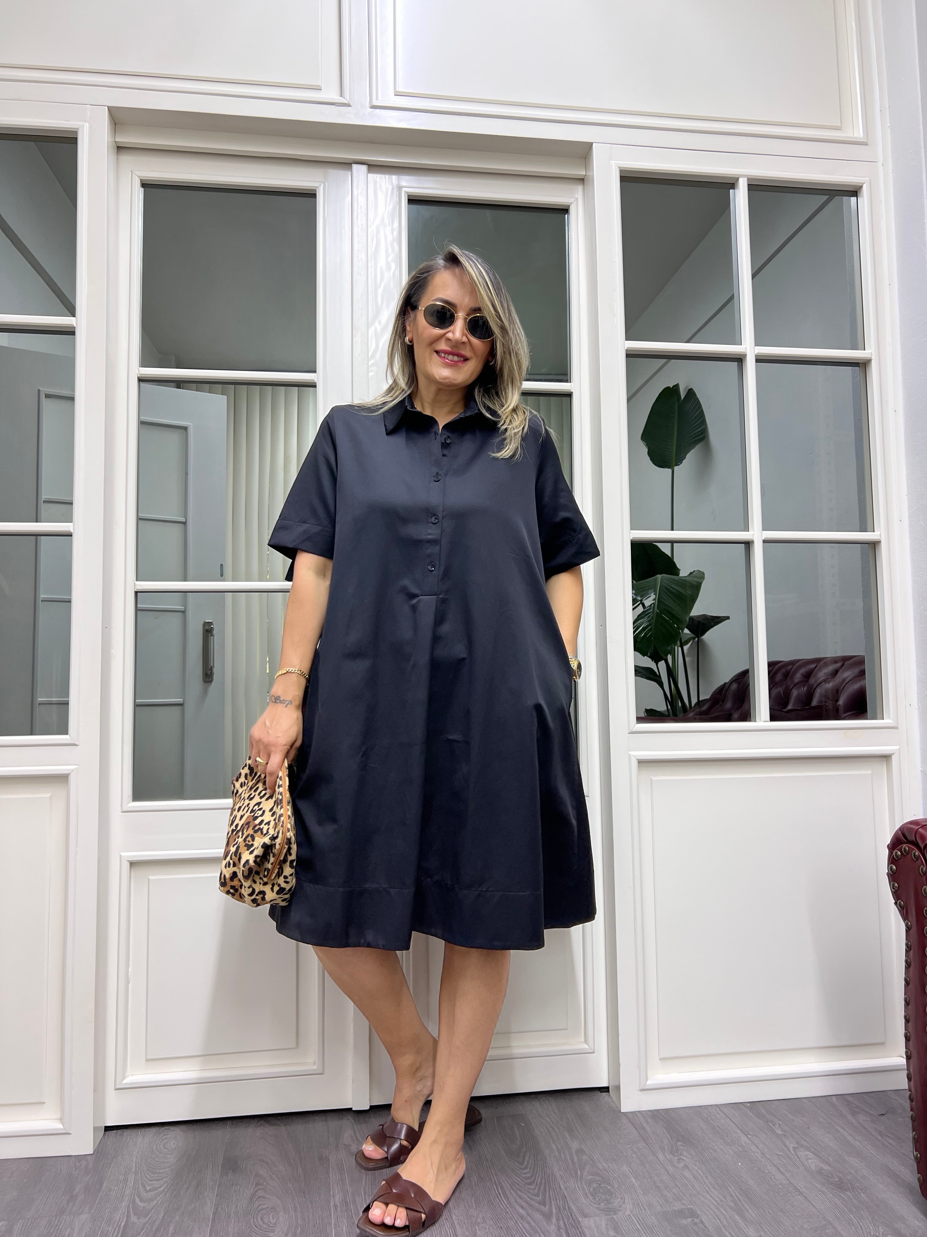 A01960 poplin yakalı bol elbise