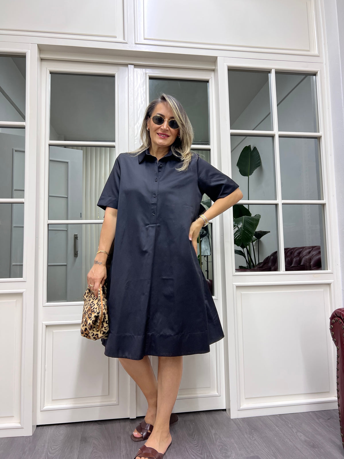 A01960 poplin yakalı bol elbise