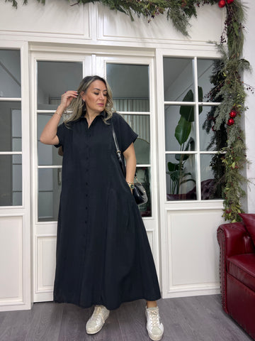 A02349 black Tencel fabric crepe buttoned dress