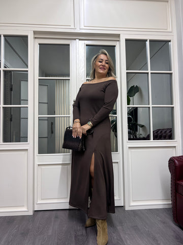 A02173 kahve modal kumaş madonna elbise