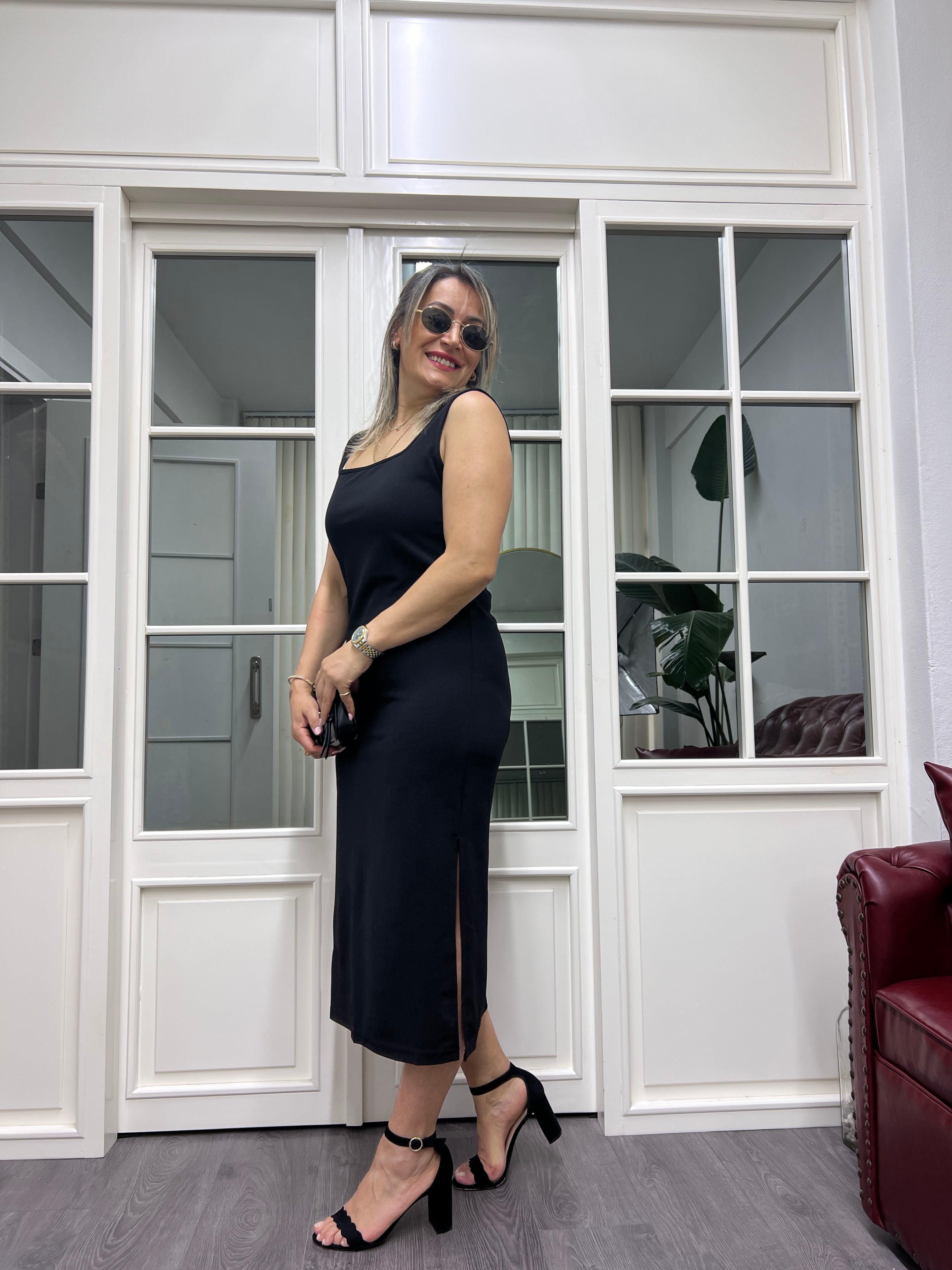 A01894 kare yaka likralı yırtmaçlı elbise