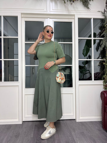 A02497 haki eteği poplin elbise