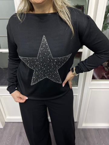 A02246 yıldız desenli siyah triko