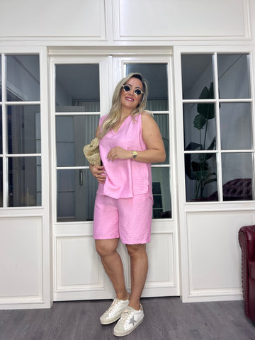 A02590 pembe ayrobin kumaş beli lastikli şort takım