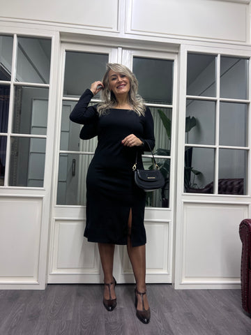 A02166 kare yaka likralı yırtmaçlı elbise