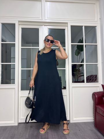 A02619 siyah sıfır kol bisiklet yaka bol kesim likralı elbise
