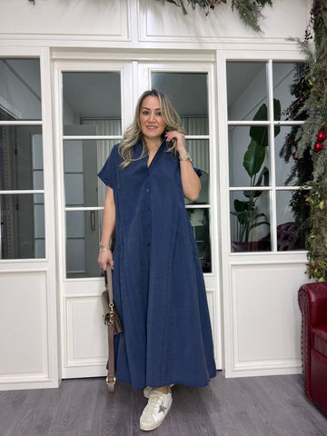 A02350 indigo mavisi tensel crep elbise