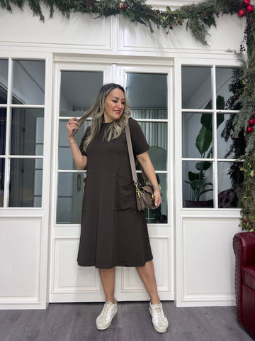 A02378 kahve likralı cepli elbise