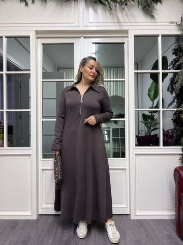 A02262 kahve yakalı likralı elbise