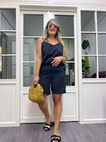 A01991 siyah askılı şort takım tensel kumaş