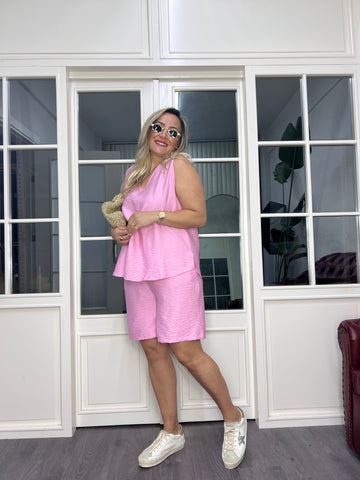 A02590 pembe ayrobin kumaş beli lastikli şort takım