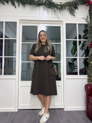 A02378 kahve likralı cepli elbise