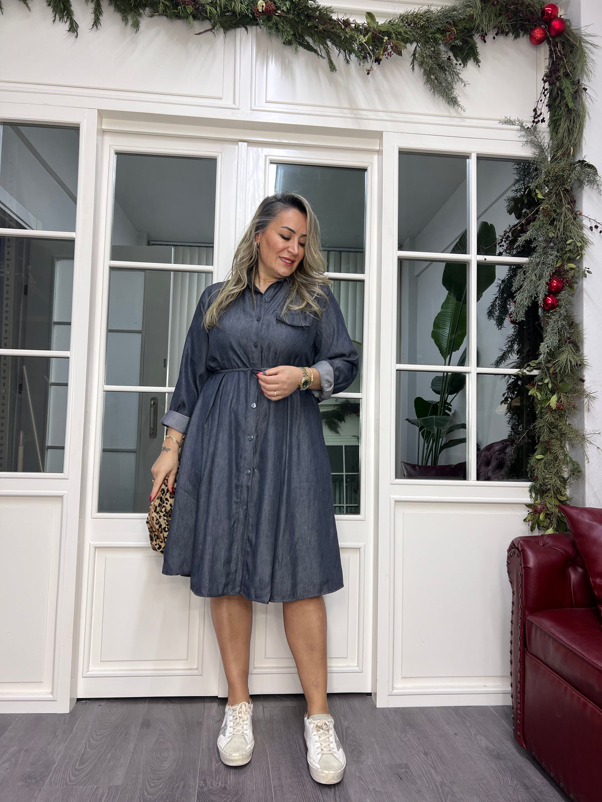 A02330 antrasit beli bağcıklı tensel elbise