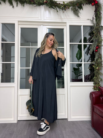 A02340 siyah tensel kumaş gömlek elbise takım