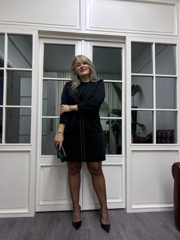 A02156 nubuk likralı zımbalı siyah elbise