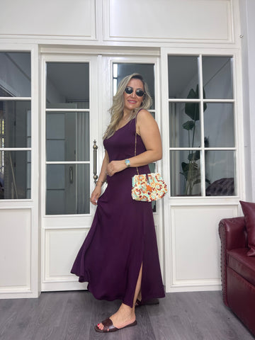 A02618 bordo askılı likralı yırtmaçlı elbise