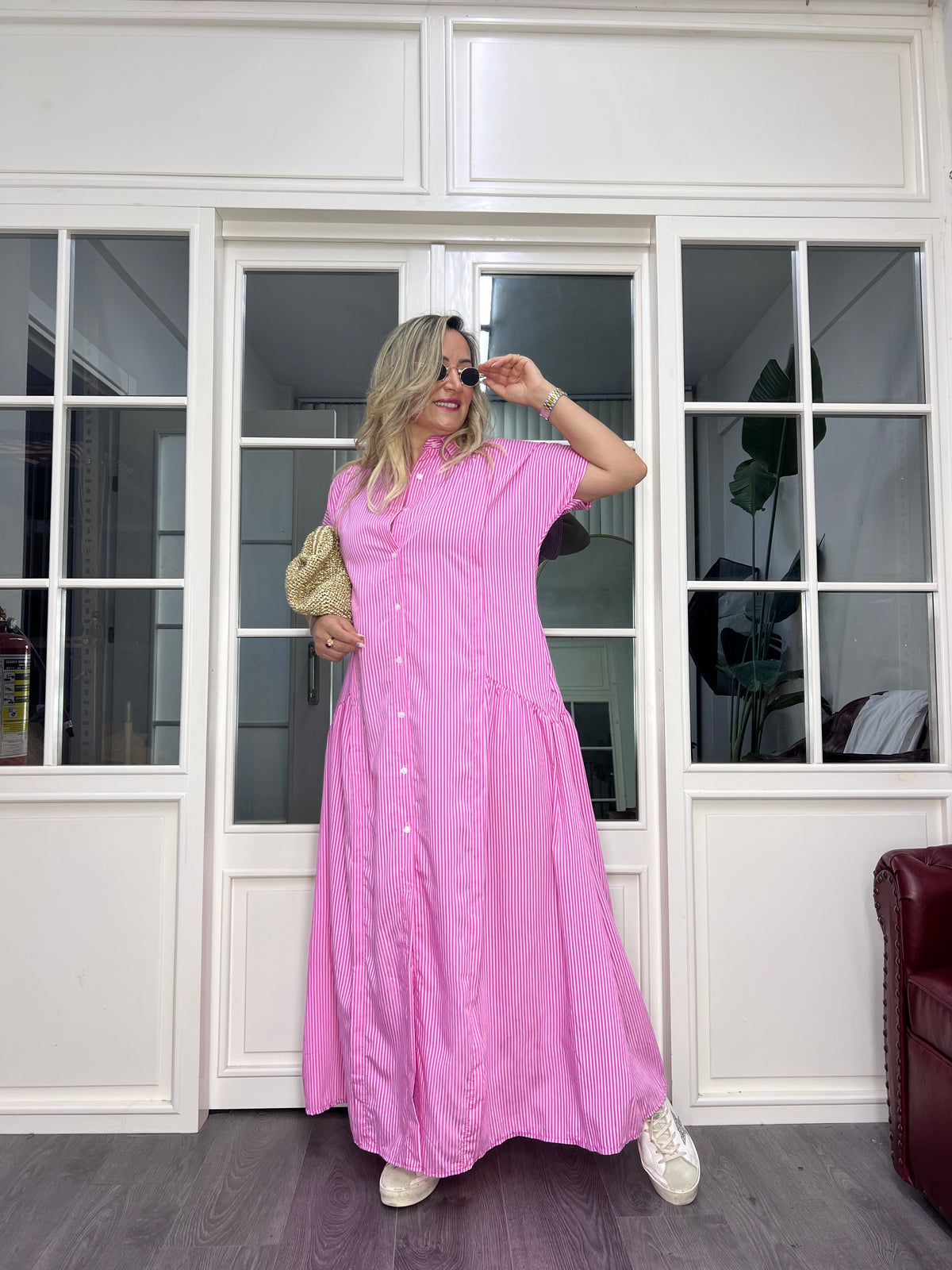 A02599 pembe çizgili poplin kumaş maxi elbise