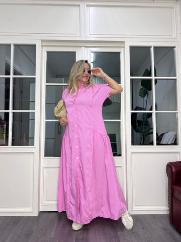 A02599 pembe çizgili poplin kumaş maxi elbise