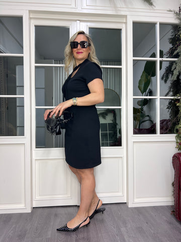 A02469 black stretch dress with tie neck