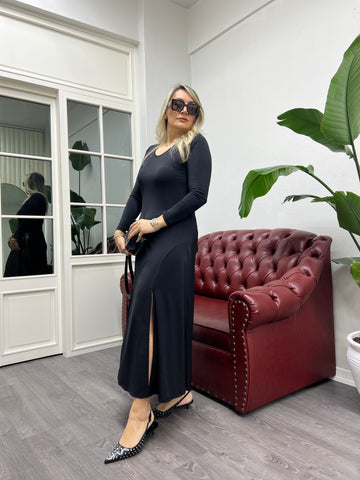 A01741 v yaka iki yanı yırtmaçlı likra elbise