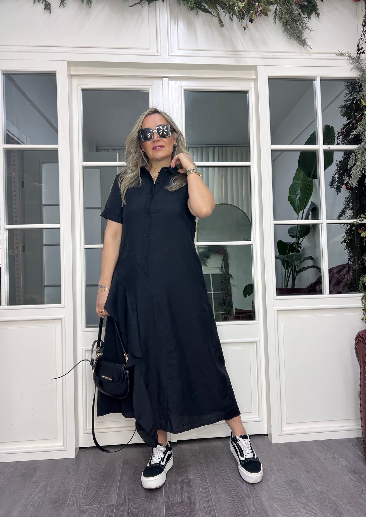 A02462 black midi dress with ruffled collar and side detail