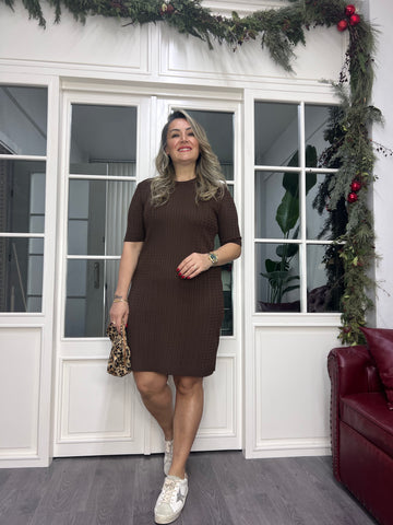 A02322 kahve örgü desen triko elbise